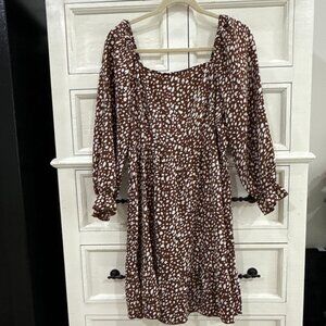 PRETTYGARDEN Babydoll Dress Long Sleeve Square Neck Size Small Brown spotted